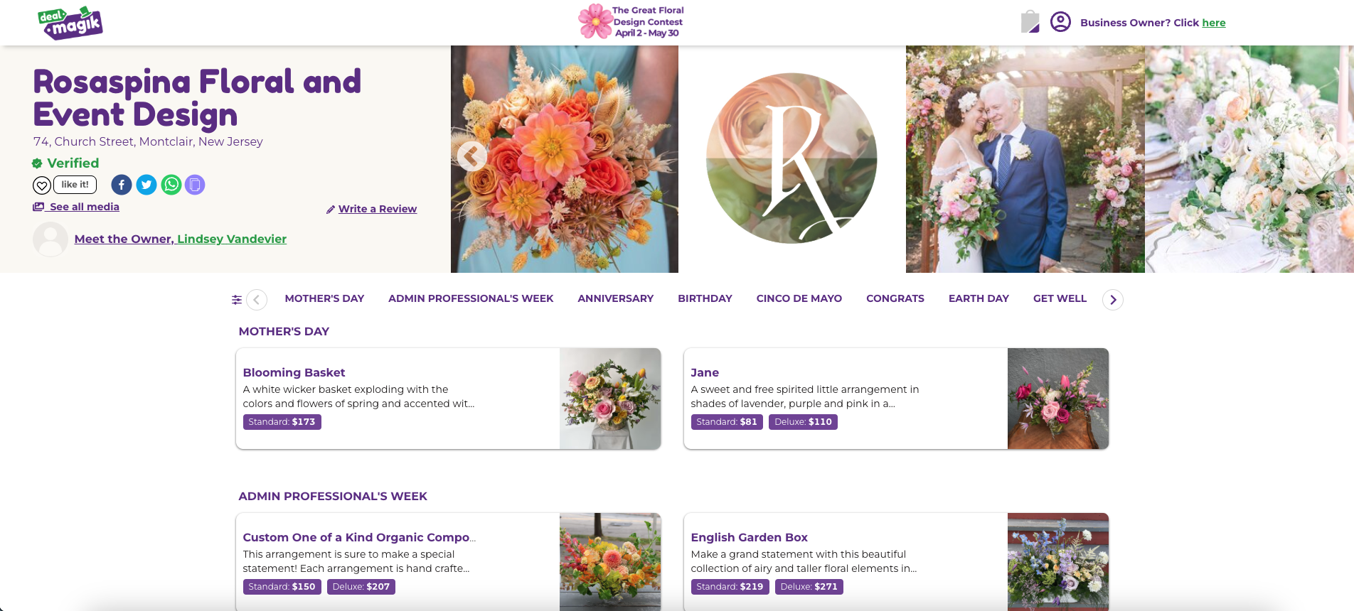 Rosaspina Floral Designs Storefront on DealMagik page with Mother's Day bouquet options
